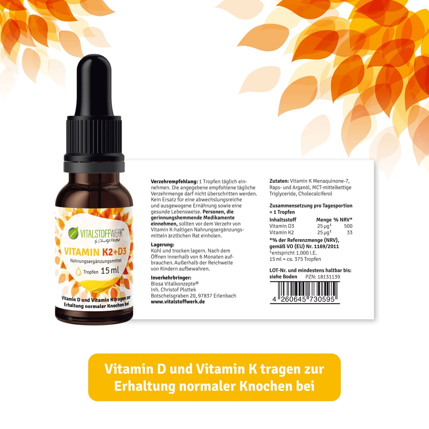 Vitamin D3 + K2 Tropfen – Hochdosiertes Kombipräparat (15 ml)